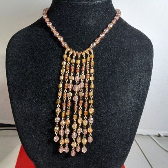 Vintage Napier Beaded Iridescent Statement Gold tone Necklace - Picture 1 of 8